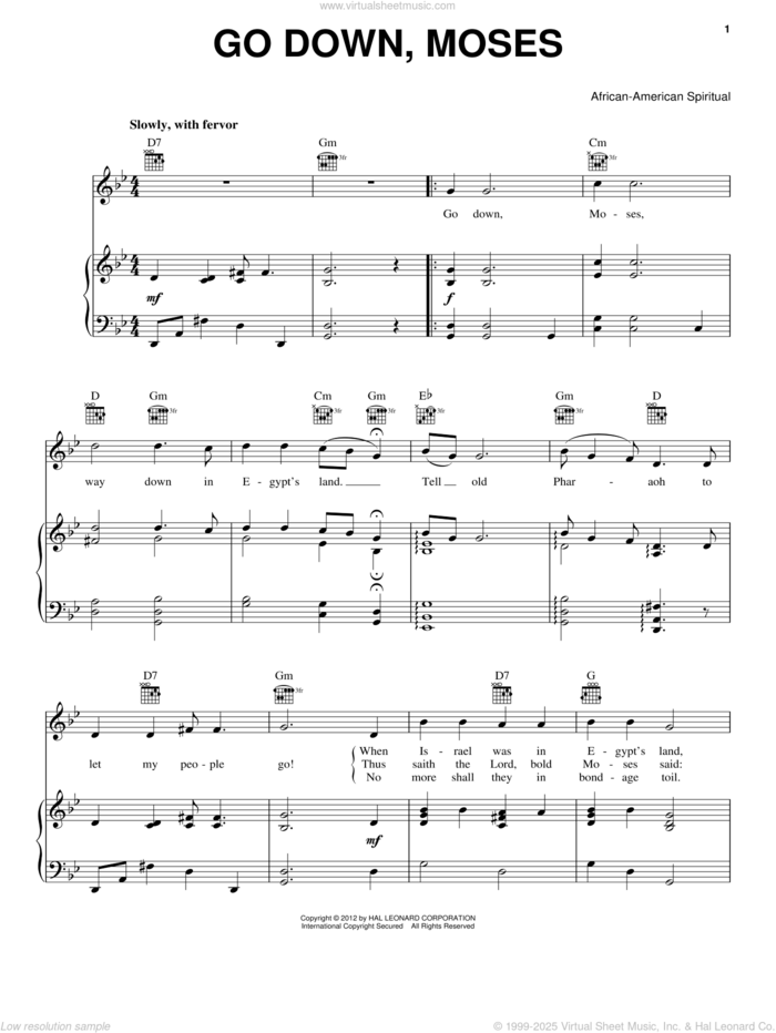 Go Down Moses sheet music for voice, piano or guitar, intermediate skill level