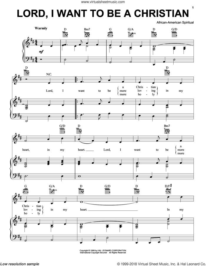 Lord, I Want To Be A Christian sheet music for voice, piano or guitar, intermediate skill level
