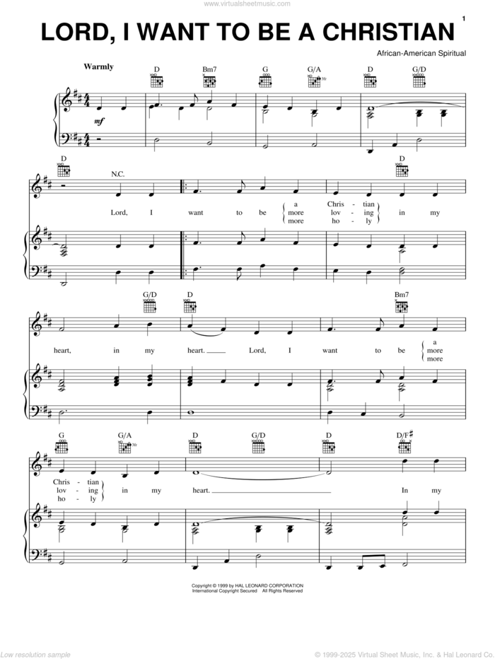 Lord, I Want To Be A Christian sheet music for voice, piano or guitar, intermediate skill level