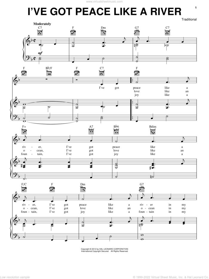 I've Got Peace Like A River sheet music for voice, piano or guitar, intermediate skill level