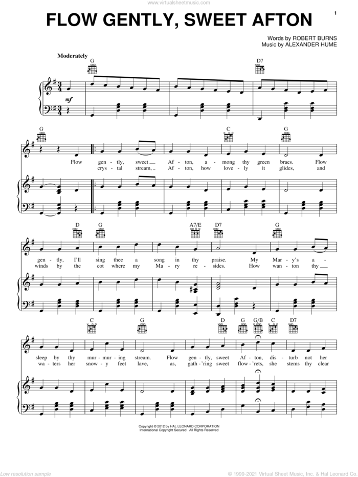 Flow Gently, Sweet Afton sheet music for voice, piano or guitar by Robert Burns and Alexander Hume, intermediate skill level