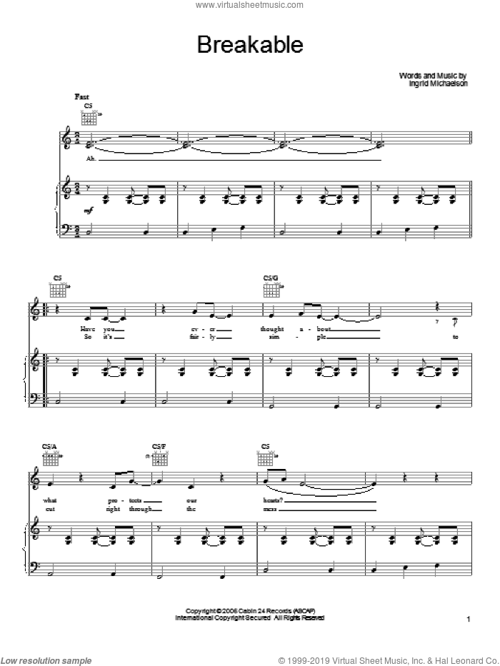 Breakable sheet music for voice, piano or guitar by Ingrid Michaelson, intermediate skill level