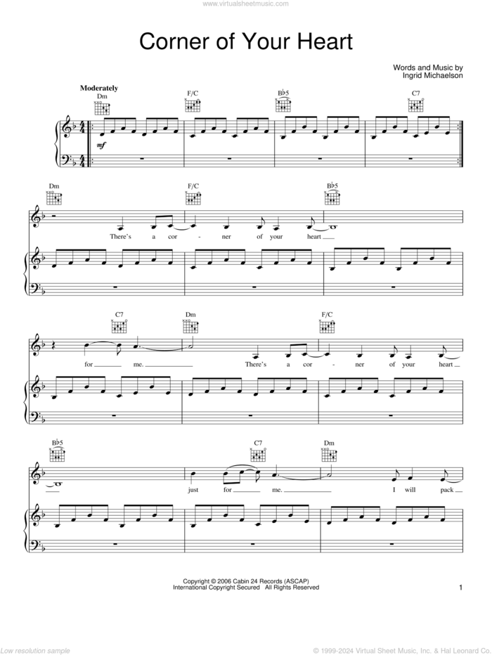 Corner Of Your Heart sheet music for voice, piano or guitar by Ingrid Michaelson, intermediate skill level