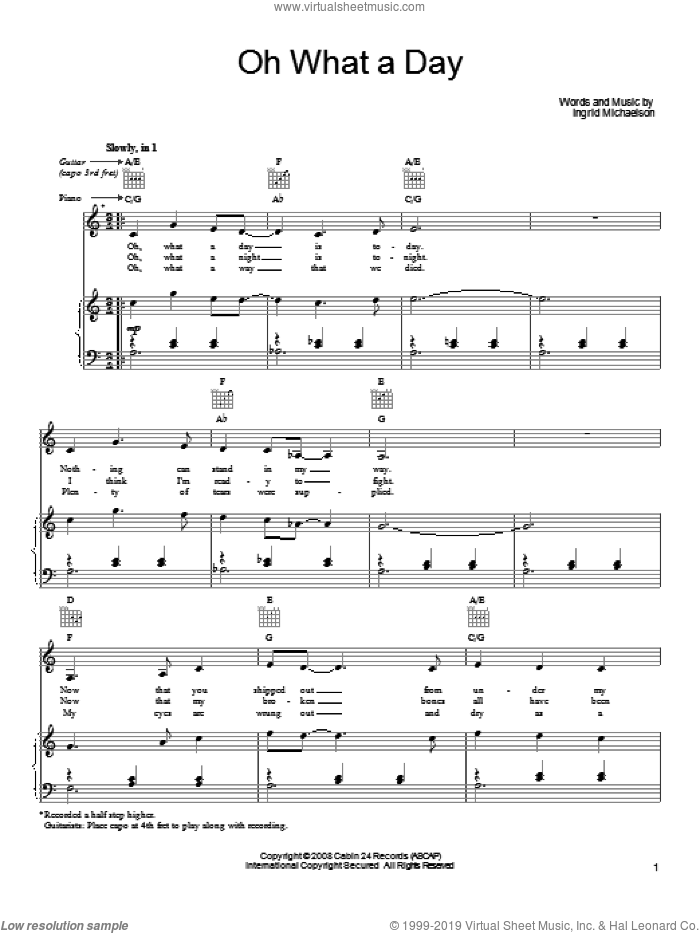 Oh What A Day sheet music for voice, piano or guitar by Ingrid Michaelson, intermediate skill level