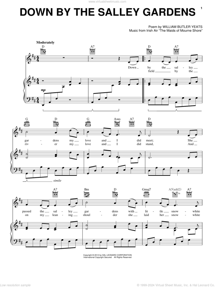 Down By The Sally Gardens sheet music for voice, piano or guitar by William Butler Yeats and Miscellaneous, intermediate skill level