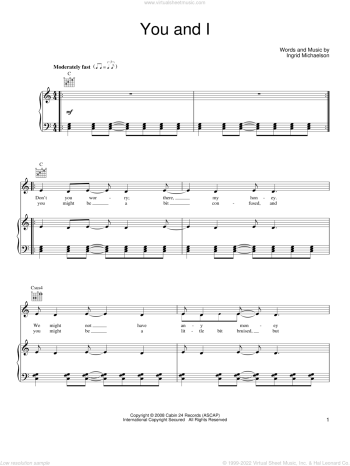 You And I sheet music for voice, piano or guitar by Ingrid Michaelson, intermediate skill level