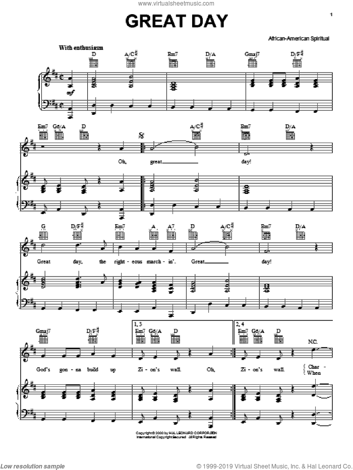 Great Day sheet music for voice, piano or guitar, intermediate skill level