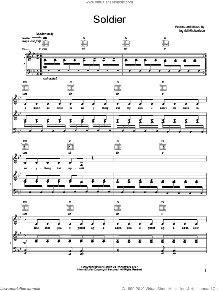 Soldier sheet music for voice, piano or guitar by Ingrid Michaelson, intermediate skill level