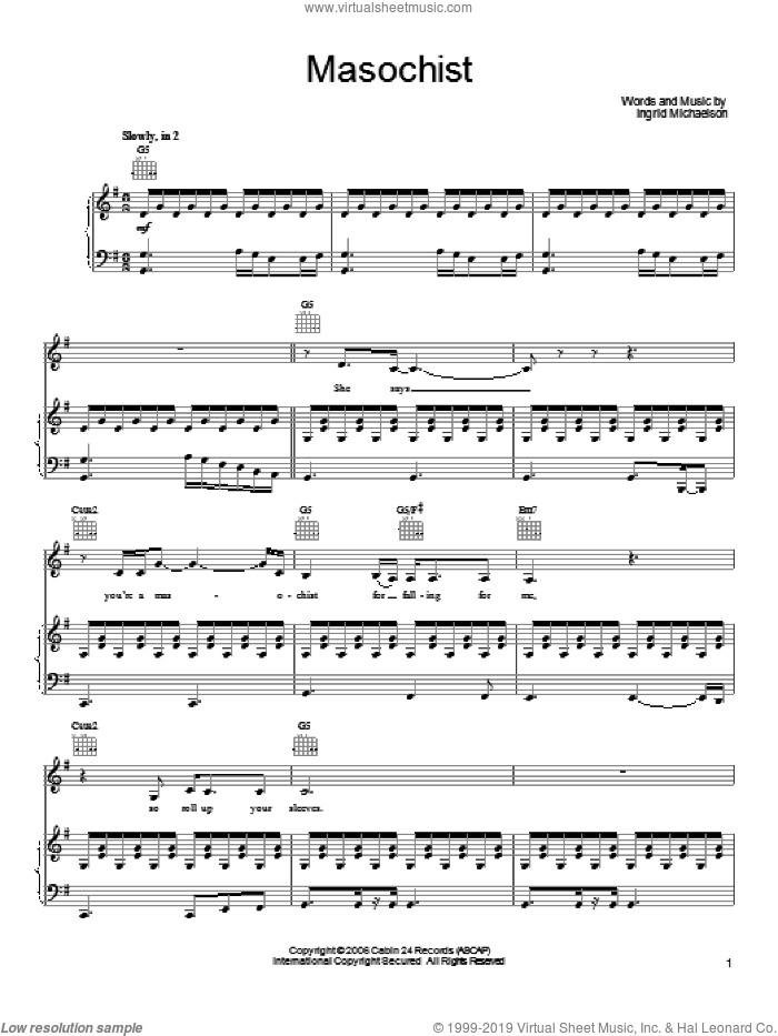Masochist sheet music for voice, piano or guitar by Ingrid Michaelson, intermediate skill level