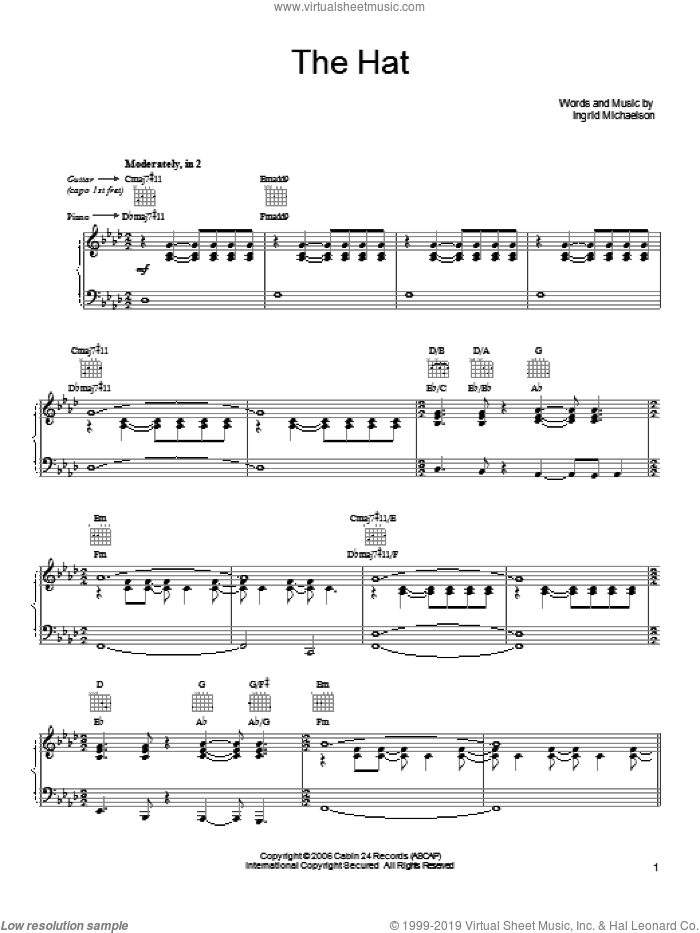 The Hat sheet music for voice, piano or guitar by Ingrid Michaelson, intermediate skill level