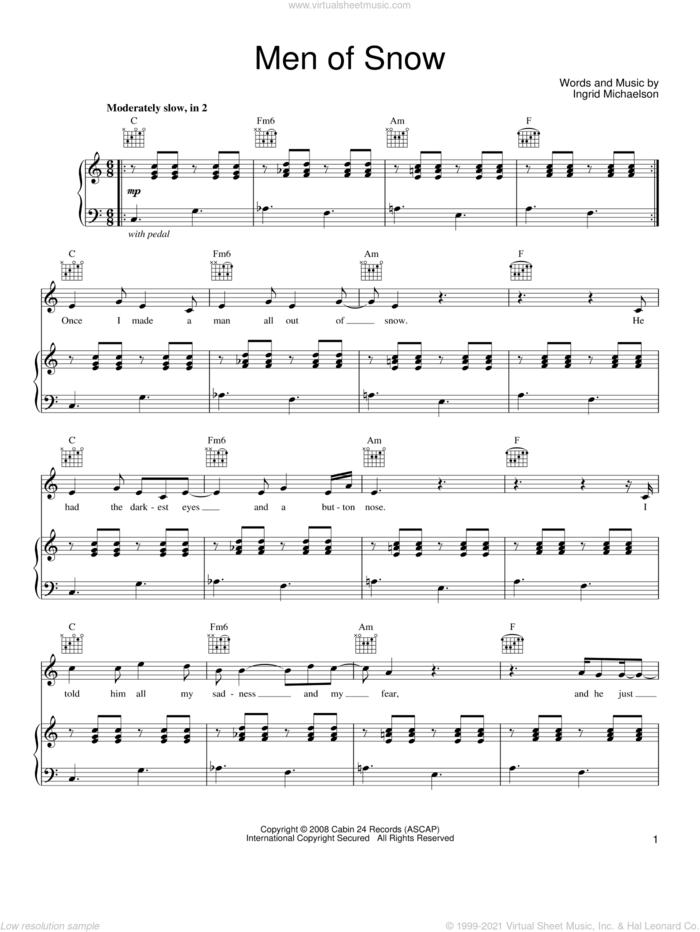 Men Of Snow sheet music for voice, piano or guitar by Ingrid Michaelson, intermediate skill level