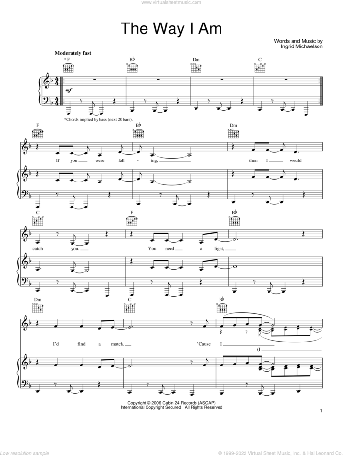 The Way I Am sheet music for voice, piano or guitar by Ingrid Michaelson, wedding score, intermediate skill level