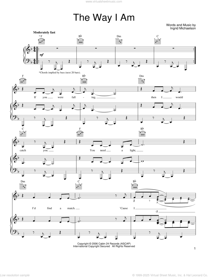 The Way I Am sheet music for voice, piano or guitar by Ingrid Michaelson, wedding score, intermediate skill level