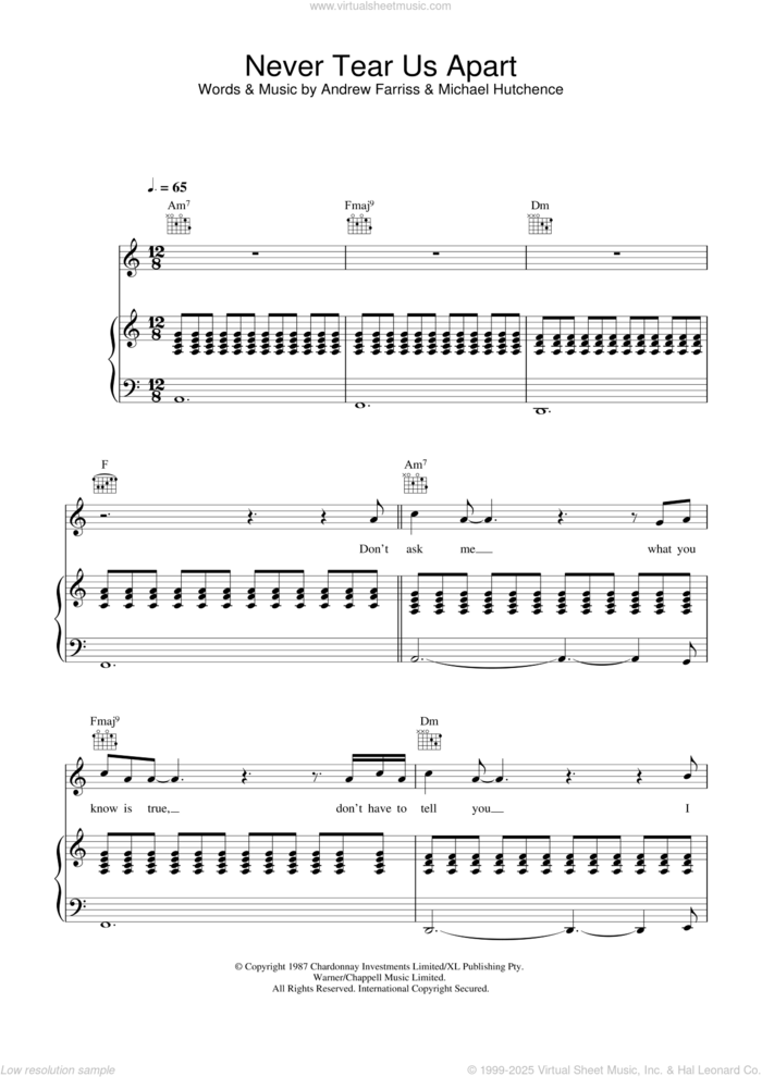 Never Tear Us Apart sheet music for voice, piano or guitar by INXS, Andrew Farriss and Michael Hutchence, intermediate skill level