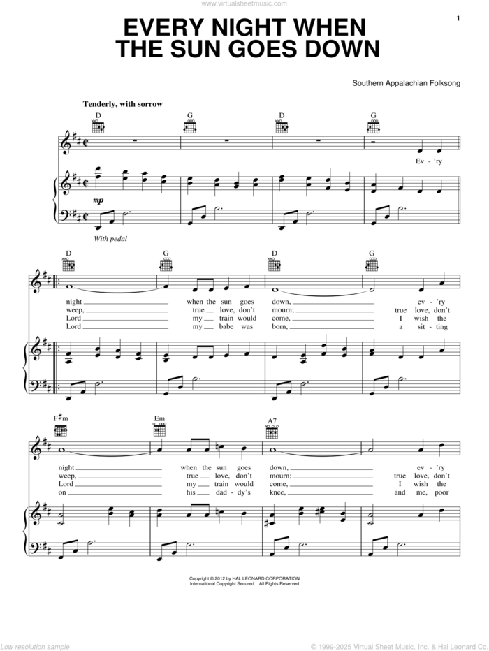 Every Night When Sun Goes Down sheet music for voice, piano or guitar, intermediate skill level