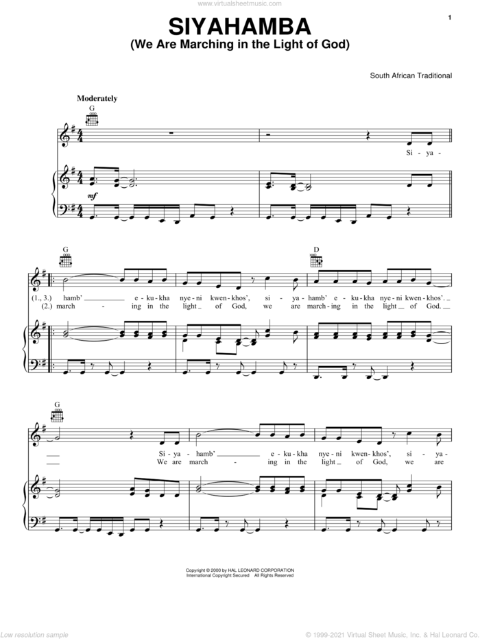 Siyahamba (We Are Marching In The Light Of God) sheet music for voice, piano or guitar, intermediate skill level