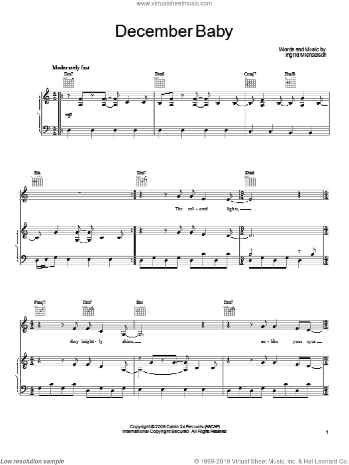 December Baby sheet music for voice, piano or guitar by Ingrid Michaelson, intermediate skill level