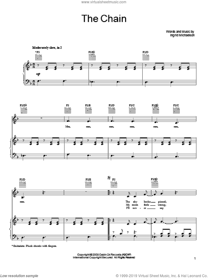 The Chain sheet music for voice, piano or guitar by Ingrid Michaelson, intermediate skill level