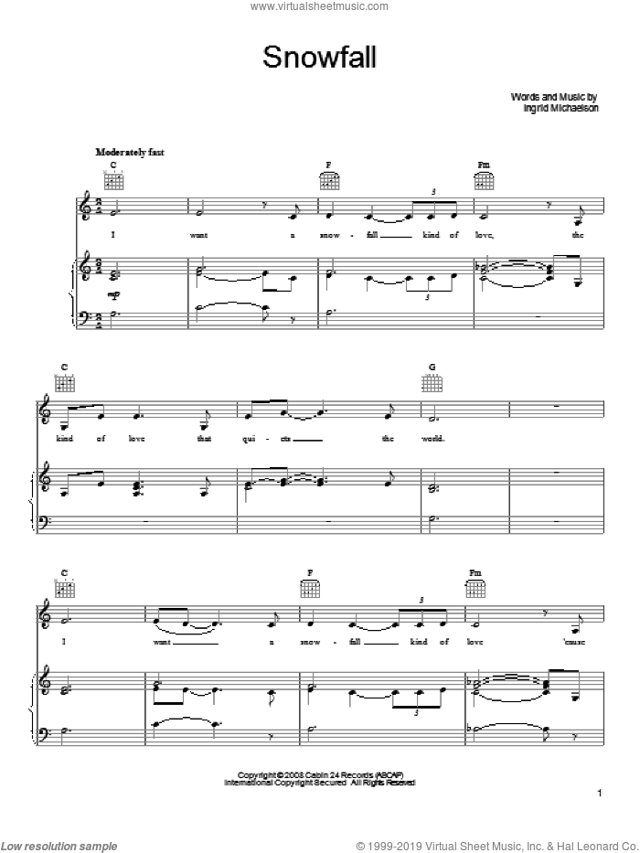 Snowfall sheet music for voice, piano or guitar by Ingrid Michaelson, intermediate skill level