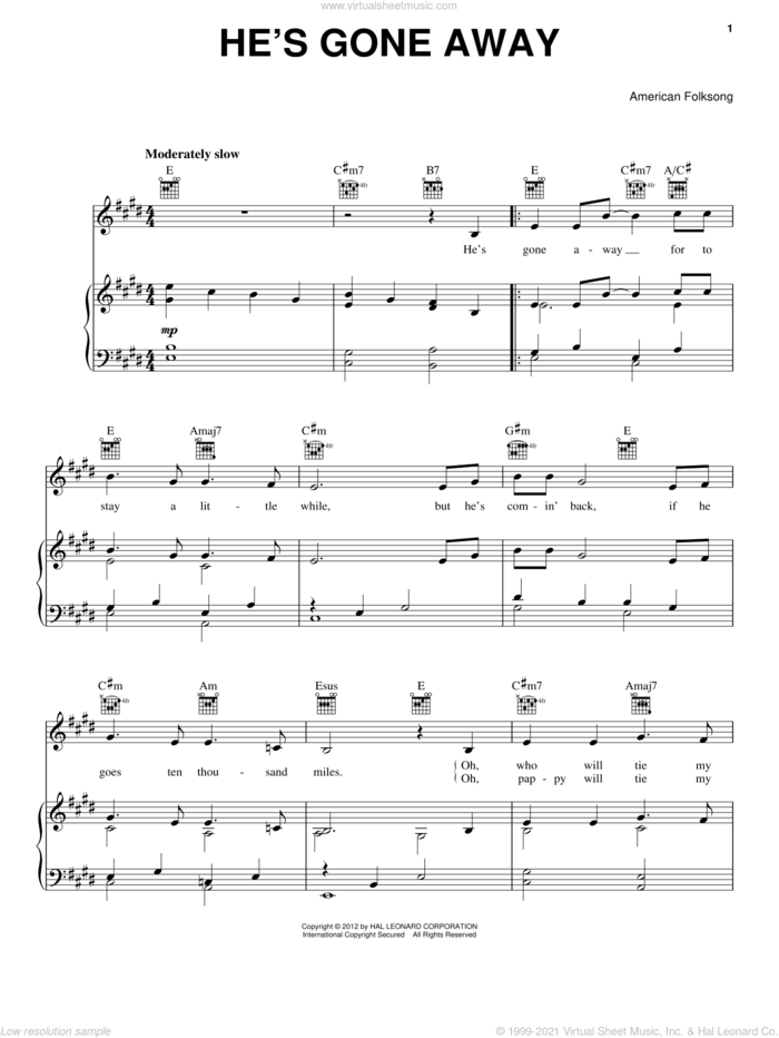 He's Gone Away sheet music for voice, piano or guitar, intermediate skill level
