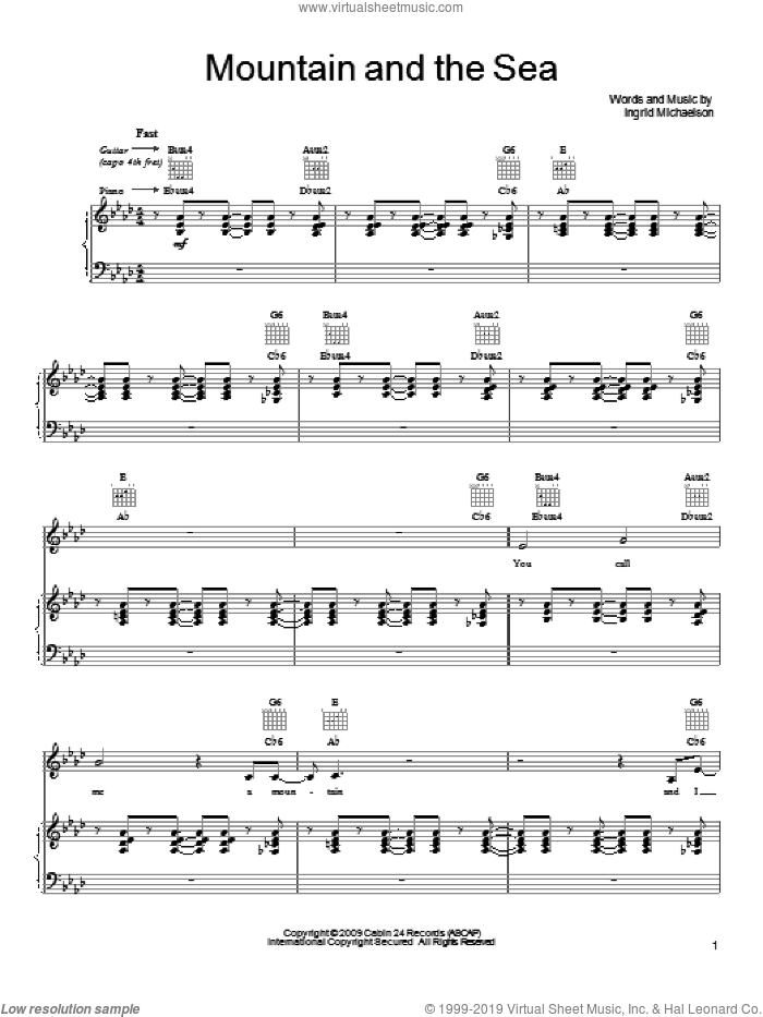 Mountain And The Sea sheet music for voice, piano or guitar by Ingrid Michaelson, intermediate skill level