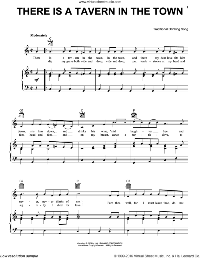 There Is A Tavern In The Town sheet music for voice, piano or guitar, intermediate skill level