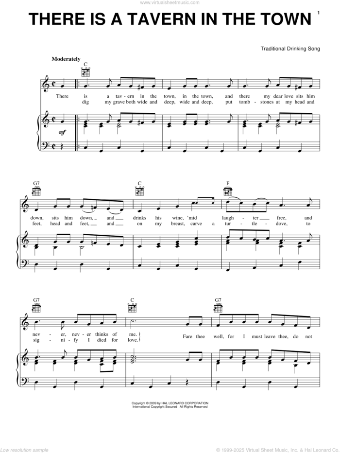 There Is A Tavern In The Town sheet music for voice, piano or guitar, intermediate skill level