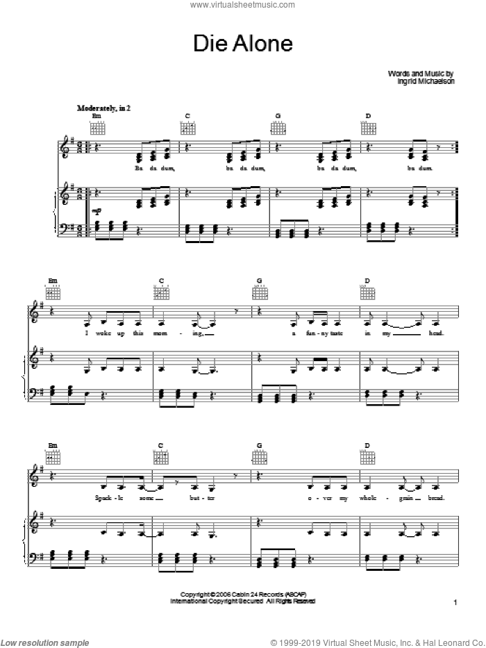 Die Alone sheet music for voice, piano or guitar by Ingrid Michaelson, intermediate skill level