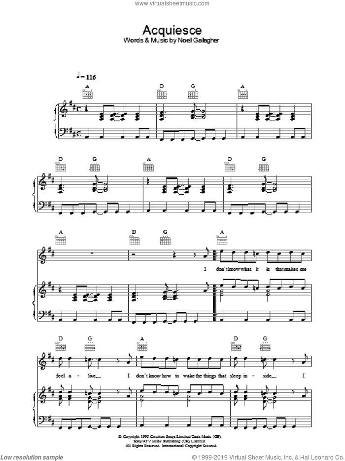 Acquiesce sheet music for voice, piano or guitar by Oasis and Noel Gallagher, intermediate skill level