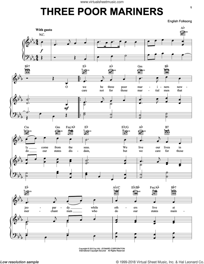 Three Poor Mariners sheet music for voice, piano or guitar, intermediate skill level