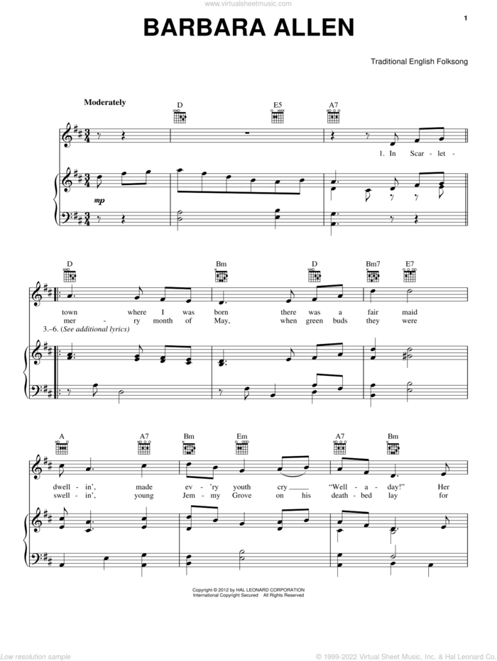 Barbara Allen sheet music for voice, piano or guitar, intermediate skill level