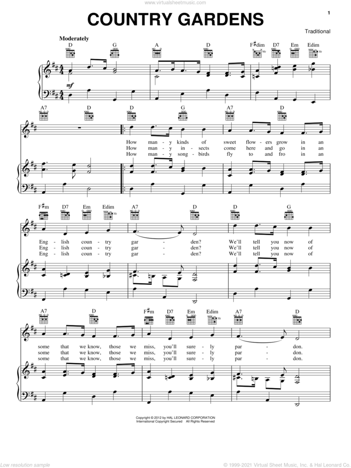 Country Gardens sheet music for voice, piano or guitar, intermediate skill level