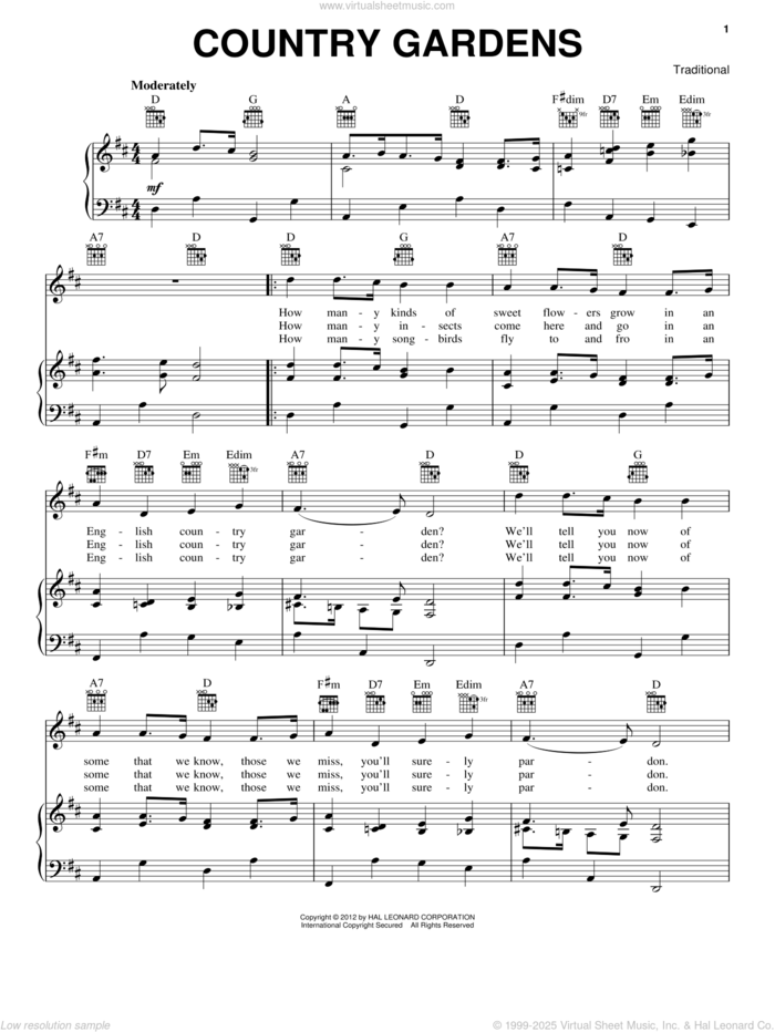 Country Gardens sheet music for voice, piano or guitar, intermediate skill level