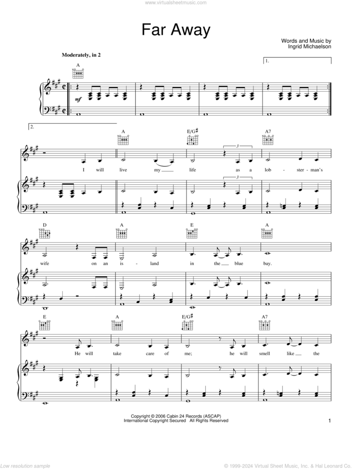Far Away sheet music for voice, piano or guitar by Ingrid Michaelson, intermediate skill level