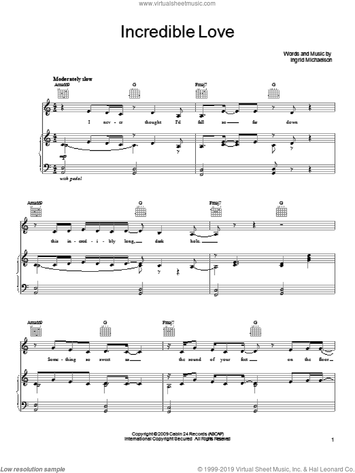Incredible Love sheet music for voice, piano or guitar by Ingrid Michaelson, intermediate skill level