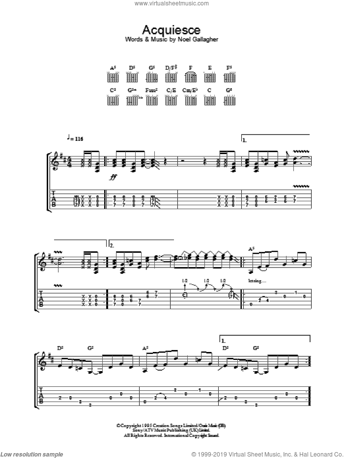 Acquiesce sheet music for guitar (tablature) by Oasis and Noel Gallagher, intermediate skill level