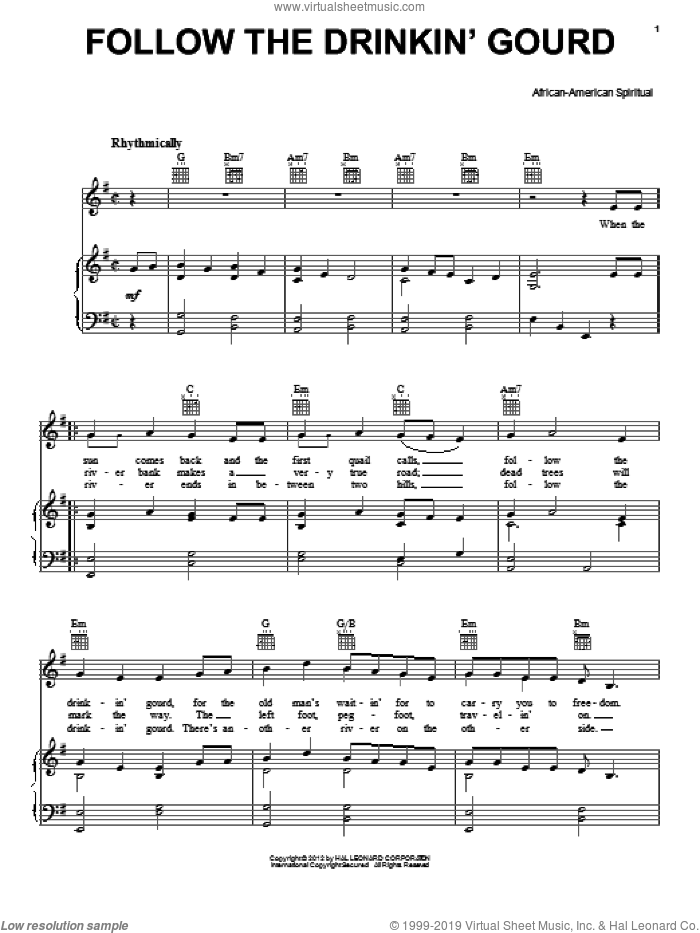 Follow The Drinkin' Gourd sheet music for voice, piano or guitar, intermediate skill level