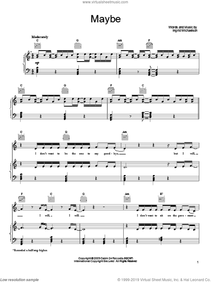 Maybe sheet music for voice, piano or guitar by Ingrid Michaelson, intermediate skill level