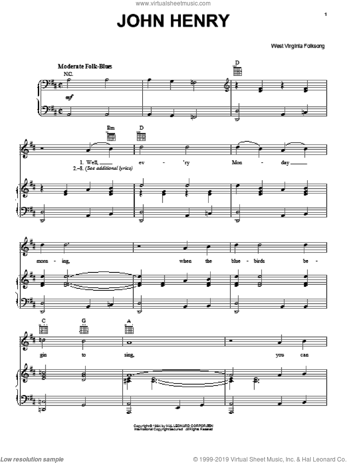 John Henry sheet music for voice, piano or guitar, intermediate skill level