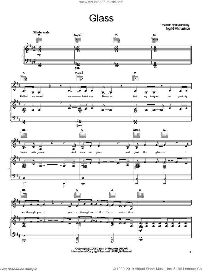 Glass sheet music for voice, piano or guitar by Ingrid Michaelson, intermediate skill level