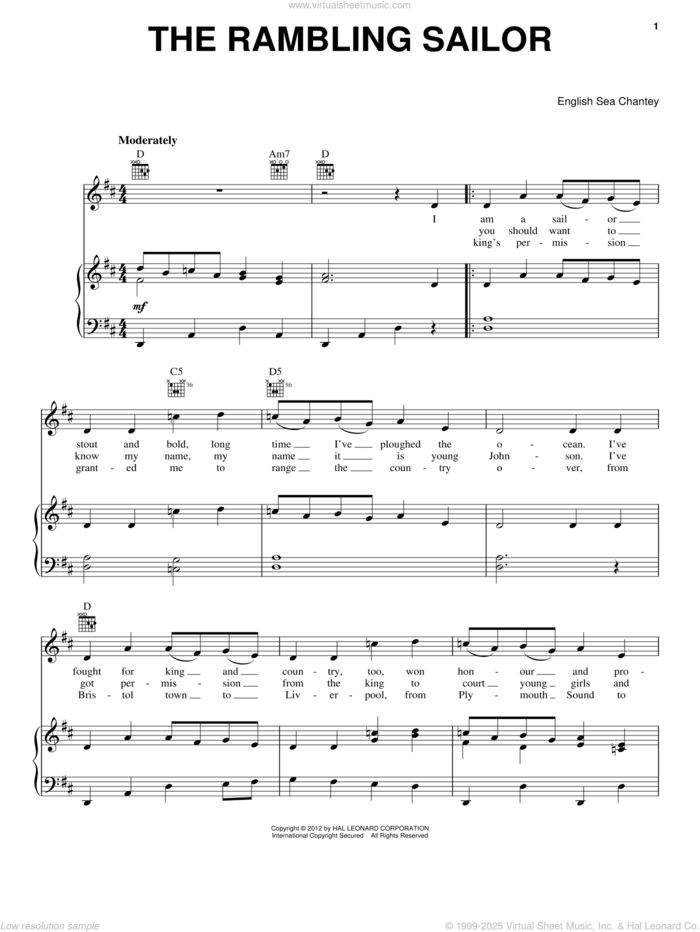 The Rambling Sailor sheet music for voice, piano or guitar, intermediate skill level