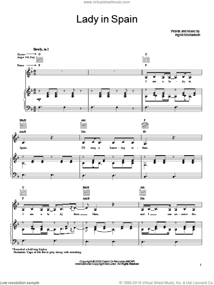 Lady In Spain sheet music for voice, piano or guitar by Ingrid Michaelson, intermediate skill level