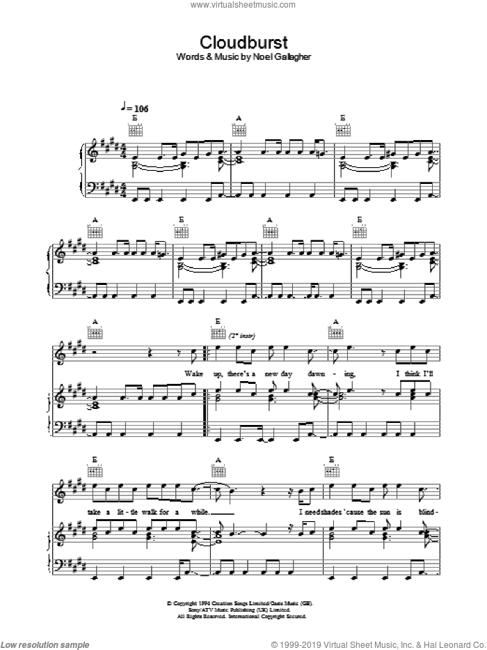 Cloudburst sheet music for voice, piano or guitar by Oasis and Noel Gallagher, intermediate skill level