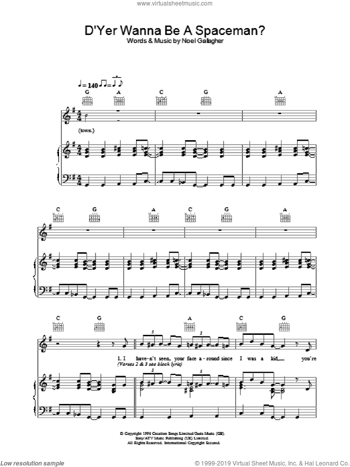 D'Yer Wanna Be A Spaceman? sheet music for voice, piano or guitar by Oasis and Noel Gallagher, intermediate skill level