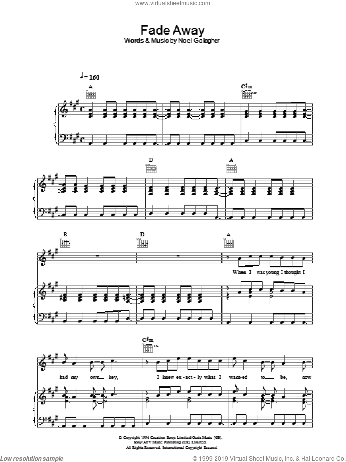 Fade Away sheet music for voice, piano or guitar by Oasis and Noel Gallagher, intermediate skill level