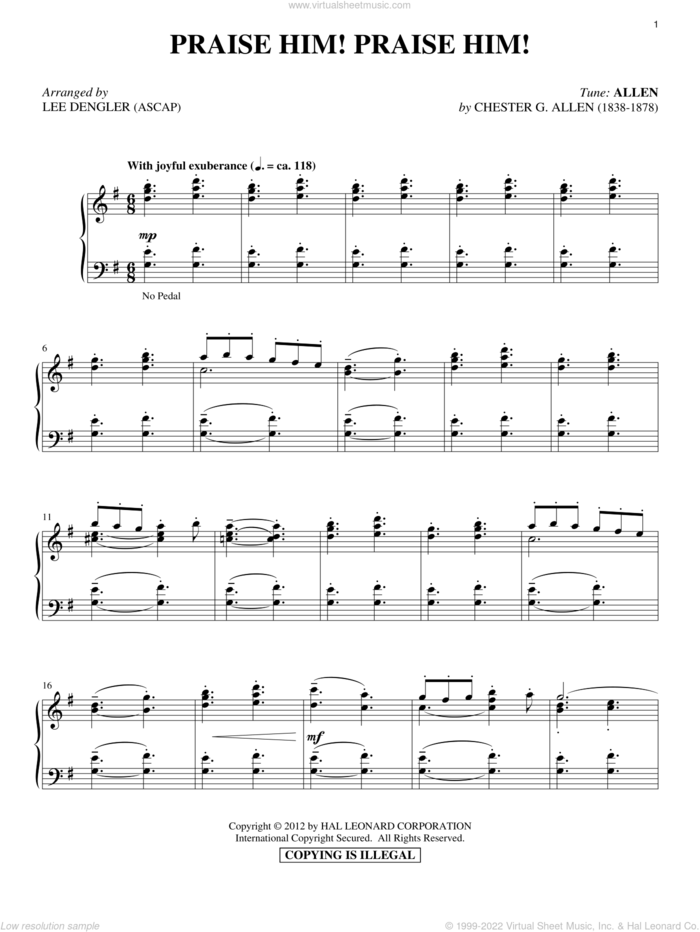 Praise Him! Praise Him! sheet music for piano solo by Fanny J. Crosby, Lee Dengler and Chester G. Allen, intermediate skill level