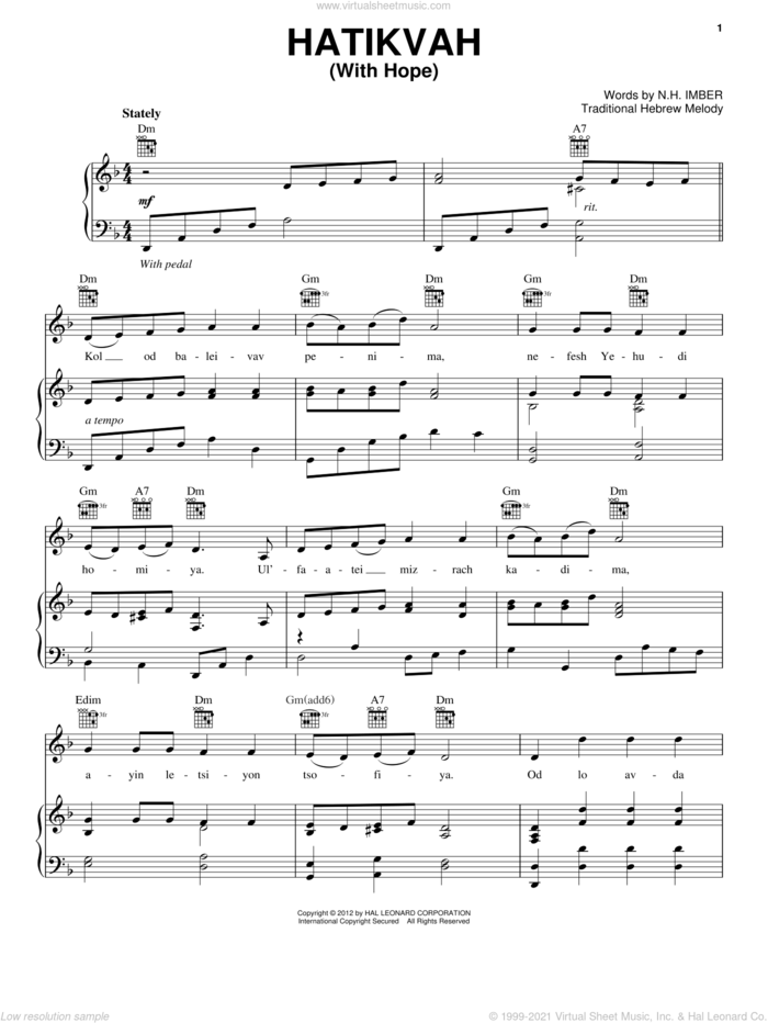 Hatikvah (With Hope) sheet music for voice, piano or guitar by Naftali Herz Imber and Miscellaneous, intermediate skill level