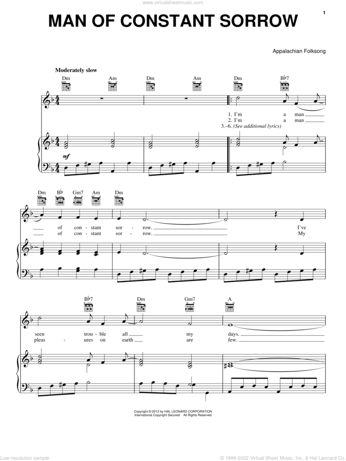 Man Of Constant Sorrow sheet music for voice, piano or guitar, intermediate skill level