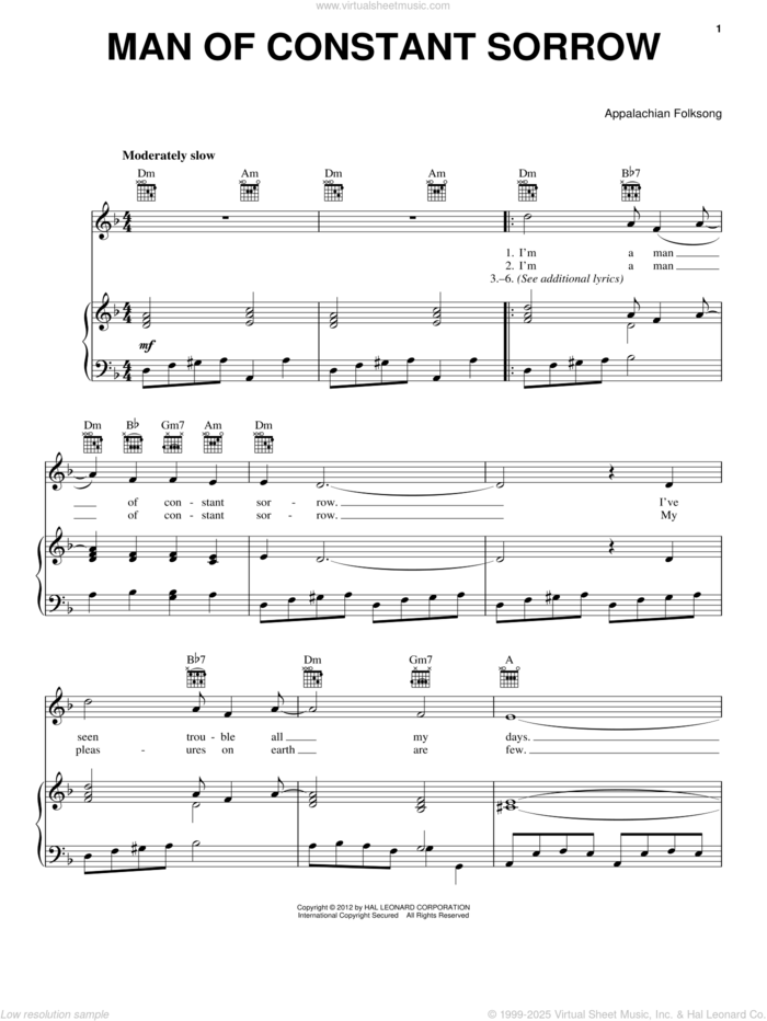 Man Of Constant Sorrow sheet music for voice, piano or guitar, intermediate skill level