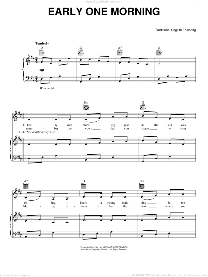 Early One Morning sheet music for voice, piano or guitar, intermediate skill level